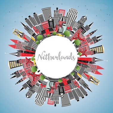 Hollanda Skyline ile Gray Buildings, Blue Sky ve Copy Space. Vektör İllüstrasyonu. Tarihi Mimariyle Turizm Konsepti. Şehir simgeleriyle dolu. Amsterdam mı? Rotterdam. Lahey 'de. Utrecht.