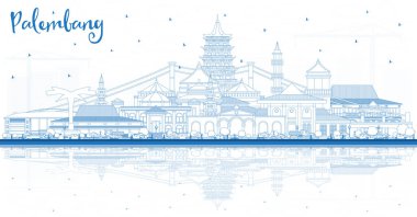 Mavi Binalar ve Yansımalarla Endonezya Şehri 'nin ana hatlarını çiz. Vektör İllüstrasyonu. Tarihi Mimariyle İş Seyahati ve Turizm Konsepti. Simgeli Palembang Şehir Manzarası.