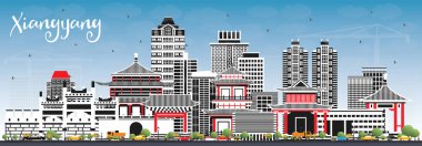 Xiangyang China City Skyline Renkli Binalar ve Mavi Gökyüzü. Vektör İllüstrasyonu. Tarihi ve Modern Mimariyle İş Seyahat ve Turizm Konsepti. Simgeli Xiangyang Şehri.