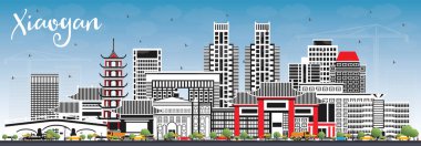 Xiaogan China City Skyline ile Renkli Binalar ve Mavi Gökyüzü. Vektör İllüstrasyonu. Tarihi ve Modern Mimariyle İş Seyahat ve Turizm Konsepti. Simgeli Xiaogan Şehir Manzarası.