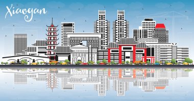 Xiaogan China City Skyline Renkli Binalar, Mavi Gök ve Yansımalar. Vektör İllüstrasyonu. Tarihi ve Modern Mimariyle İş Seyahat ve Turizm Konsepti. Simgeli Xiaogan Şehir Manzarası.