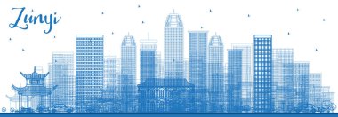 Mavi Binalı Zunyi China City Skyline ana hattı. Vektör İllüstrasyonu. Modern Mimariyle İş Seyahatleri ve Turizm Konsepti. Tarihi Simgeli Zunyi Şehir Manzarası.