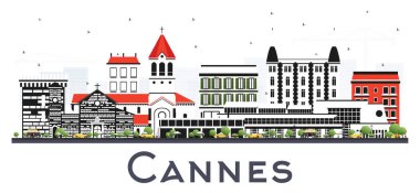 Cannes France City Skyline 'da, Gri Binalar da White' da izole edilmiş. Vektör İllüstrasyonu. Modern ve Tarihi Mimariyle İş Seyahatleri ve Turizm Konsepti. Simgeli Cannes Şehir Alanı.