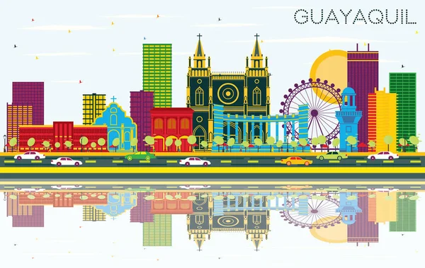 Guayaquil Ecuador City Skyline Barevnými Budovami Modrým Nebem Odrazy Vektorová — Stockový vektor