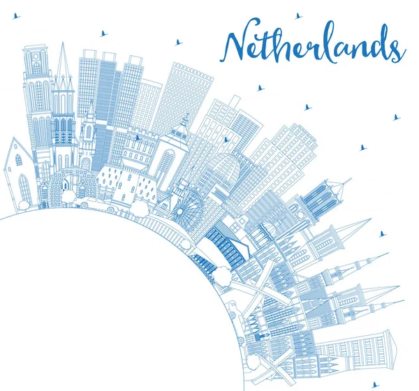 概要青い建物とコピースペースを持つオランダスカイライン ベクトルイラスト 歴史的建造物と観光コンセプト ランドマークのある都市景観 アムステルダムだ ロッテルダム ハーグだ ユトレヒト — ストックベクタ
