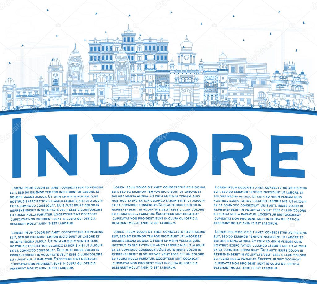 Outline Indore India City Skyline with Blue Buildings and Copy Space. Vector Illustration. Business Travel and Tourism Concept with Historic and Modern Architecture. Indore Madhya Pradesh Cityscape with Landmarks.