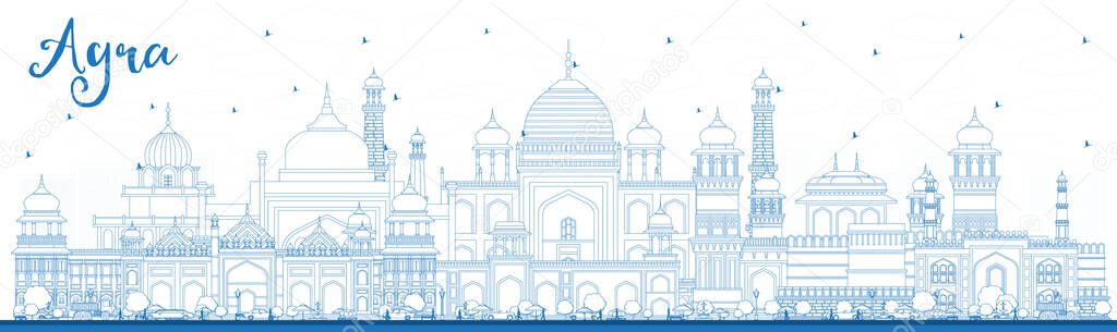 Outline Agra India City Skyline with Blue Buildings. Vector Illustration. Business Travel and Tourism Concept with Historic Architecture. Agra Uttar Pradesh Cityscape with Landmarks.