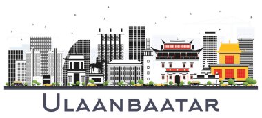 Ulaanbaatar Moğolistan Şehri Skyline 'ı ve Beyaz Renk Binaları izole edildi. Vektör İllüstrasyonu. Modern ve Tarihi Mimariyle İş Seyahatleri ve Turizm Konsepti. Simgeli Ulaanbaatar Şehir Manzarası.