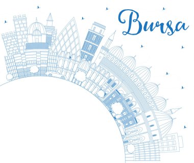 Bursa Hindi Şehri 'nin ana hatları Mavi Binalar ve Uzayı Kopyala. Vektör İllüstrasyonu. Tarihi Mimariyle İş Seyahati ve Kavram. Simgeli Bursa Şehir Manzarası. 