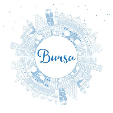 Bursa Hindi Şehri 'nin ana hatları Mavi Binalar ve Uzayı Kopyala. Vektör İllüstrasyonu. Tarihi Mimariyle İş Seyahati ve Kavram. Simgeli Bursa Şehir Manzarası. 