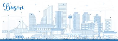 Busan, Güney Kore, Skyline ve Blue Buildings 'in ana hatları. Vektör İllüstrasyonu. Tarihi ve Modern Mimariyle İş Seyahat ve Turizm Konsepti. Tarihi İşaretli Busan Şehir Manzarası.