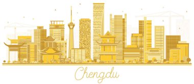 Chengdu China City Skyline Silhouette ve Altın Binalar Beyazlar üzerinde izole edilmiş. Vektör İllüstrasyonu. Modern Mimariyle İş Seyahatleri ve Turizm Konsepti. Tarihi Simgeli Chengdu Şehri.