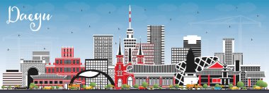 Daegu Güney Kore Şehri Renkli Binalar ve Mavi Gökyüzü ile Skyline. Vektör İllüstrasyonu. Tarihi ve Modern Mimariyle İş Seyahat ve Turizm Konsepti. Tarihi Simgeli Daegu Şehri.