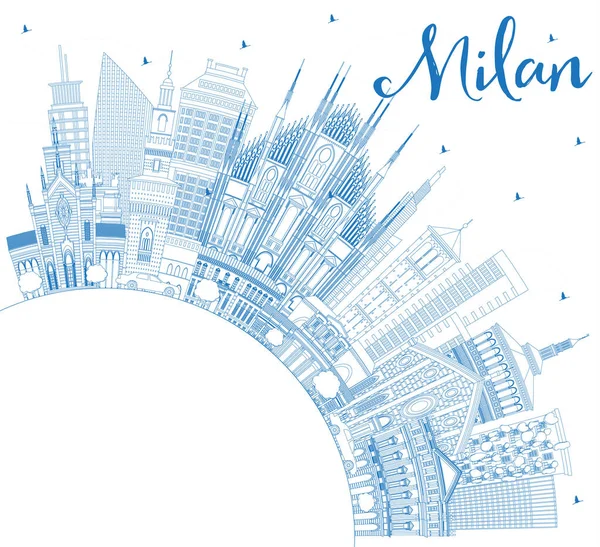 Esboço Milão Itália Cidade Skyline Com Edifícios Azuis Espaço Cópia — Vetor de Stock