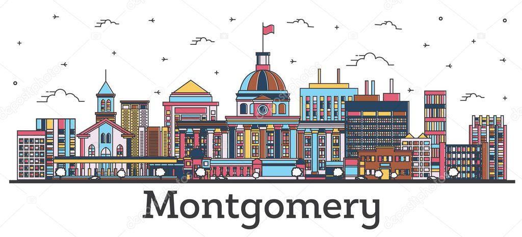 Outline Montgomery Alabama City Skyline with Color Buildings Isolated on White. Vector Illustration. Montgomery USA Cityscape with Landmarks.
