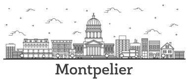 Montpelier City Skyline 'ın ana hatlarıyla Modern Binalar beyaza izole edilmiş. Vektör İllüstrasyonu. Montpelier ABD Tarihi Simgeleri ile Şehir.