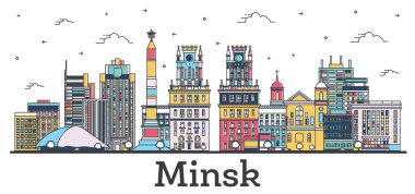 Minsk Belarus City Skyline 'ın ana hatları. Renkli binalar beyaza izole edilmiş. Vektör İllüstrasyonu. Simgeli Minsk Şehir Manzarası.