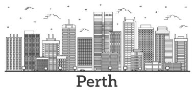 Ana hatları Perth Australia City Skyline ve modern binalar beyaza izole edilmiş. Vektör İllüstrasyonu. Tarihi Simgeli Perth Şehir Manzarası.