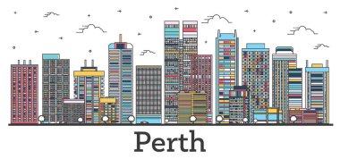 Renkli binalar beyaz üzerine izole edilmiş Perth Australia City Skyline ana hatlarıyla. Vektör İllüstrasyonu. Tarihi Simgeli Perth Şehir Manzarası.