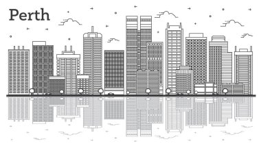 Perth Australia City Skyline 'ın ana hatlarıyla Modern Binalar ve Yansımalar beyaza izole edildi. Vektör İllüstrasyonu. Tarihi Simgeli Perth Şehir Manzarası.