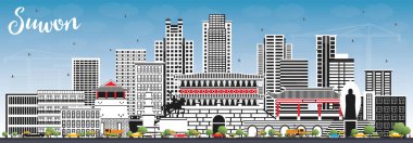 Suwon Güney Kore City Skyline Renkli Binalar ve Mavi Gökyüzü ile. Vektör İllüstrasyonu. Tarihi ve Modern Mimariyle İş Seyahat ve Turizm Konsepti. Simgeli Suwon Şehir Manzarası.