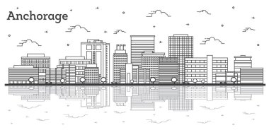 Anchorage Alaska City Skyline 'ı Modern Binalar ve Yansımalar ile özetleyin. Vektör İllüstrasyonu. Tarihi Simgelerle ABD Şehri Anchorage.