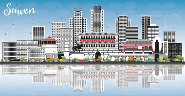 Suwon Güney Kore City Skyline Renkli Binalar, Mavi Gök ve Yansımalar ile. Vektör İllüstrasyonu. Tarihi ve Modern Mimariyle İş Seyahat ve Turizm Konsepti. Simgeli Suwon Şehir Manzarası.