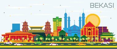 Renkli Binalar ve Mavi Gökyüzü 'yle Bekasi Endonezya City Skyline. Vektör İllüstrasyonu. Tarihi Mimariyle İş Seyahati ve Turizm Konsepti. Tarihi Simgelere sahip Bekasi Şehir Manzarası.