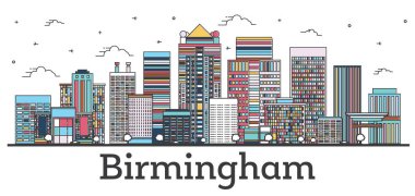 Birmingham Alabama City Skyline 'ın ana hatları. Renkli binalar beyaza izole edilmiş. Vektör İllüstrasyonu. Birmingham ABD Tarihi Simgeli Şehir.