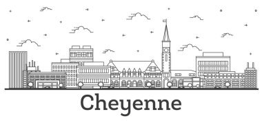 Cheyenne Wyoming City Skyline 'ın ana hatlarıyla Modern Binalar beyaza izole edilmiş. Vektör İllüstrasyonu. Cheyenne ABD Şehir Simgeleriyle.
