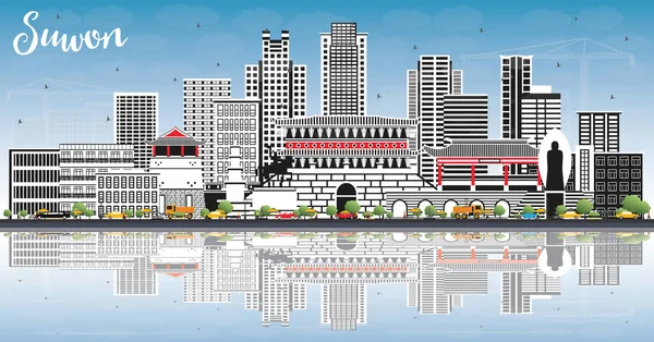 Suwon South Korea City Skyline Color Buildings Blue Sky Reflections — 스톡 벡터