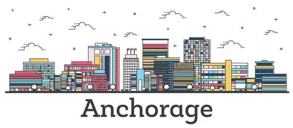 美国阿拉斯加州安克雷奇市的天际线 其色彩建筑与白色隔离 病媒说明 具有地标的安克雷奇美国城市景观 — 图库矢量图片