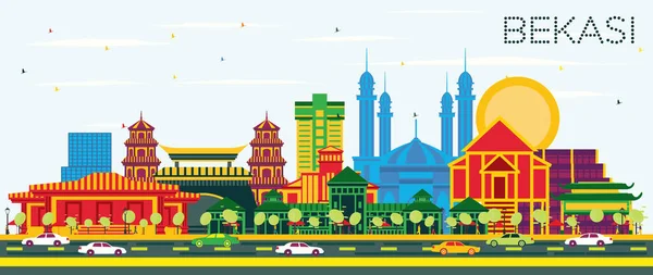 Bekasi Indonesia City Skyline Con Edificios Color Cielo Azul Ilustración — Vector de stock