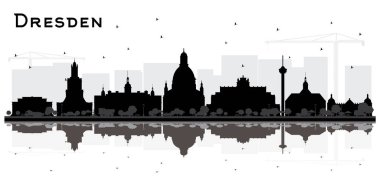 Dresden Almanya Şehri Skyline Silhouette ile Siyah Binalar ve Beyaz Yansımalar. Vektör İllüstrasyonu. Tarihi Mimariyle İş Seyahati ve Turizm Konsepti. Tarihi İşaretli Dresden Şehri.