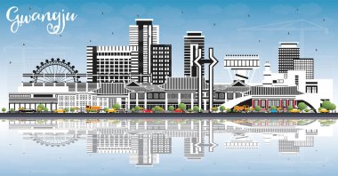 Gwangju Güney Kore Şehri Gökyüzü ve Yansıması Renkli Binalar ile Skyline. Vektör İllüstrasyonu. Tarihi ve Modern Mimariyle İş Seyahat ve Turizm Konsepti. Simgeli Gwangju Şehir Manzarası.