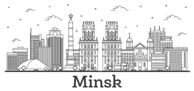 Minsk Belarus City Skyline 'ın ana hatlarıyla Modern Binalar beyaza izole edilmiş. Vektör İllüstrasyonu. Simgeli Minsk Şehir Manzarası.