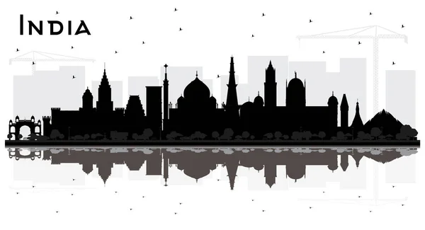 India City Skyline Silhouette Black Buildings Reflections Isolated White Delhi — Stock Vector