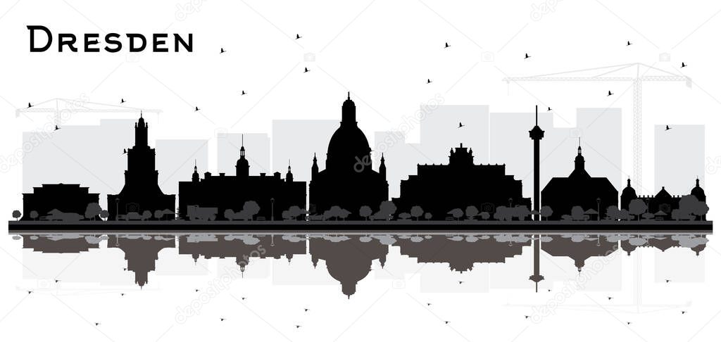Dresden Germany City Skyline Silhouette with Black Buildings and Reflections Isolated on White. Vector Illustration. Business Travel and Tourism Concept with Historic Architecture. Dresden Cityscape with Landmarks.