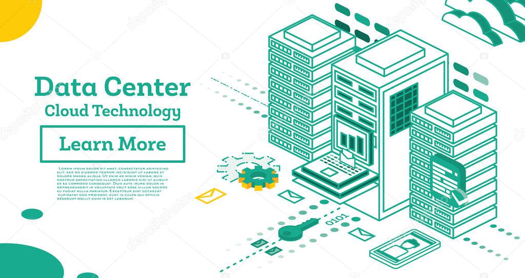 Isometric Working Data Center Full of Rack Servers and Supercomputers. Vector Illustration. Backup, Mining, Hosting, Mainframe, Farm and Computer Rack with Storage Information. 