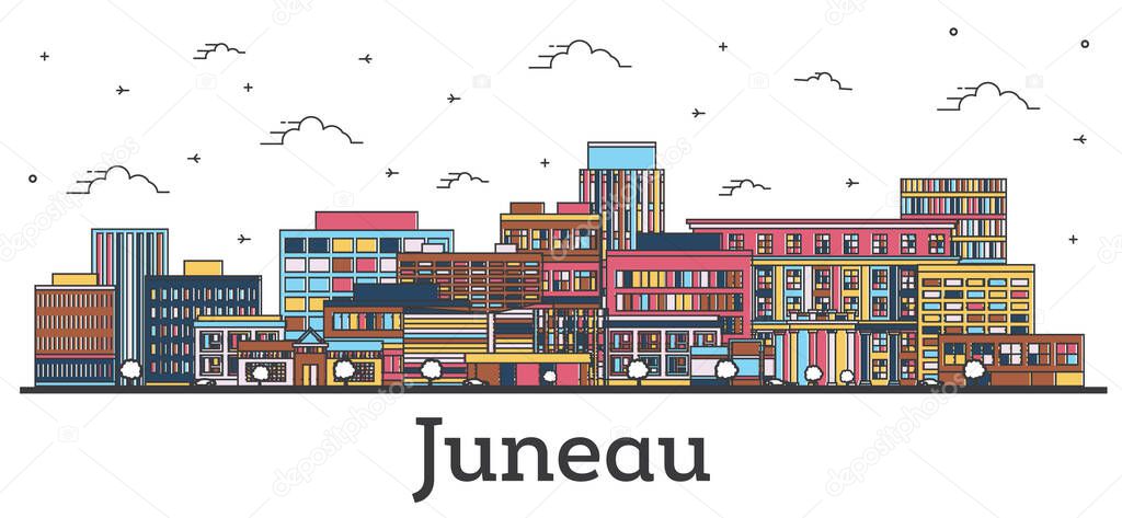 Outline Juneau Alaska City Skyline with Color Buildings Isolated on White. Vector Illustration. Juneau USA Cityscape with Landmarks.
