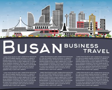 Busan Güney Kore Şehri Skyline, Renkli Binalar, Mavi Gökyüzü ve Kopya Uzayı. Vektör İllüstrasyonu. Tarihi ve Modern Mimariyle İş Seyahat ve Turizm Konsepti. Tarihi İşaretli Busan Şehir Manzarası.