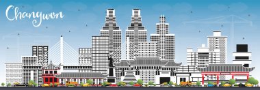 Changwon Güney Kore City Skyline 'ı Renkli Binalar ve Mavi Gökyüzü ile kazandı. Vektör İllüstrasyonu. Tarihi ve Modern Mimariyle İş Seyahat ve Turizm Konsepti. Tarihi Simgeli Changwon Şehir Manzarası.