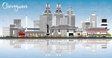 Changwon Güney Kore City Skyline Renkli Binalar, Mavi Gök ve Yansımalar ile kazandı. Vektör İllüstrasyonu. Tarihi ve Modern Mimariyle İş Seyahat ve Turizm Konsepti. Tarihi Simgeli Changwon Şehir Manzarası.