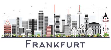 Frankfurt Almanya Şehri Skyline ve Beyaz Renkli Binalar. Vektör İllüstrasyonu. Modern ve Tarihi Mimariyle İş Seyahatleri ve Turizm Konsepti. Yer imleriyle Frankfurt Şehri.