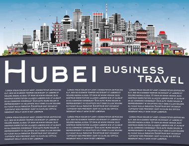 Çin 'in Hubei Eyaleti. Gray Buildings, Blue Sky ve Copy Space ile City Skyline. Vektör İllüstrasyonu. Tarihi Mimariyle Turizm Konsepti. Hubei Şehir Manzarası. Wuhan!.