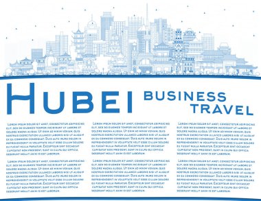 Çin 'deki Hubei Eyaleti' nin ana hatları. Blue Buildings ve Copy Space ile City Skyline. Vektör İllüstrasyonu. Tarihi Mimariyle Turizm Konsepti. Hubei Şehir Manzarası. Wuhan!.