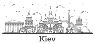 Kiev Ukrayna Şehri Skyline 'ı ana hatlarıyla özetleyin. Tarihi Binalar beyaza izole edilmiş. Vektör çizimi. Tarihi Simgeli Kiev Şehir Manzarası.