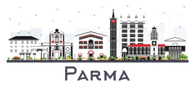 Parma Italya City Skyline 'ı ve beyaza izole edilmiş Renk Binaları. Vektör İllüstrasyonu. Modern ve Tarihi Mimariyle İş Seyahatleri ve Turizm Konsepti. Simgeli Parma Şehir Manzarası.