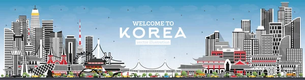 South Korea City Skyline 그레이 스카이와 환영합니다 일러스트레이션 산업은 역사적 — 스톡 벡터