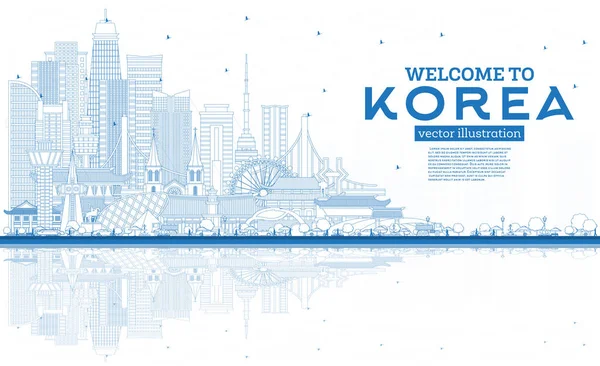 2012 Outline Welcome South Korea City Skyline Blue Buildings Reflections — 스톡 벡터